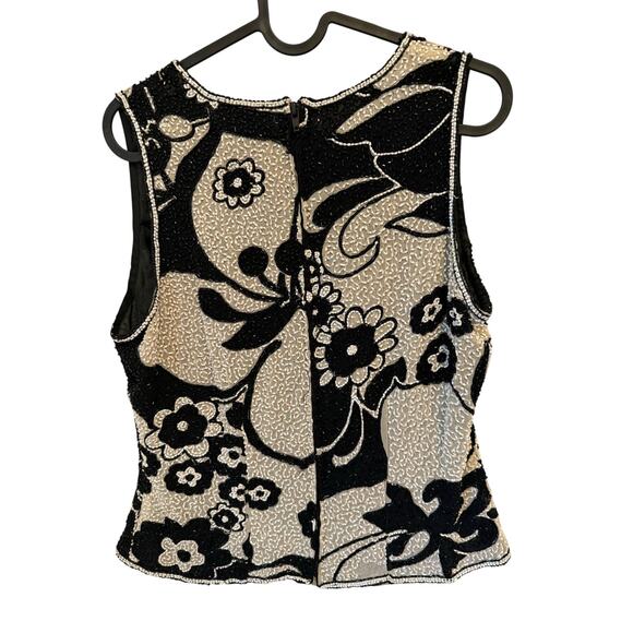 Paradise NY Black White Floral Beaded Sleeveless Top Medium Vintage Party - Picture 2 of 5